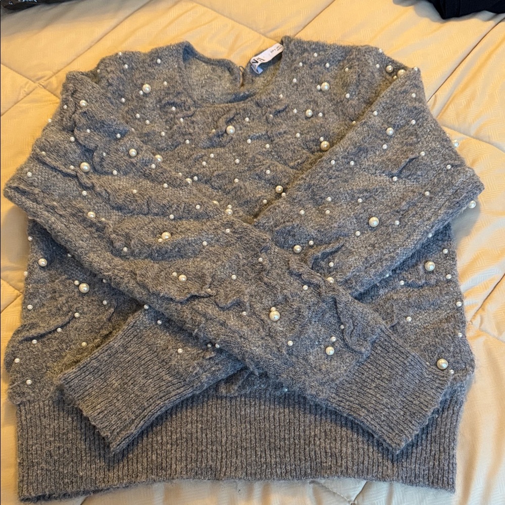 Zara Gray Knit Cardigan with Pearl Accents